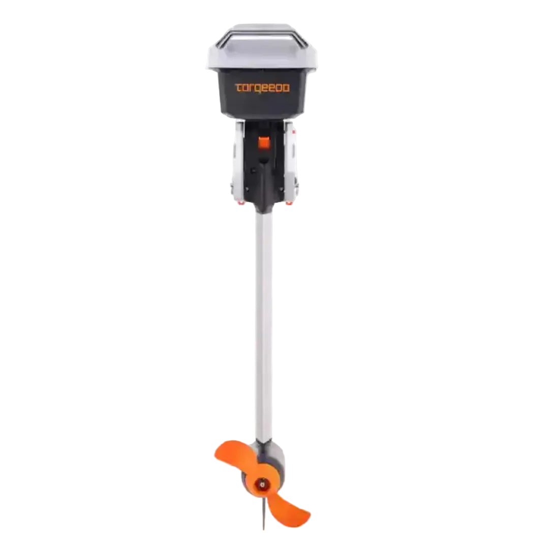Outboard motor Torqeedo with a visible brand name on a white background