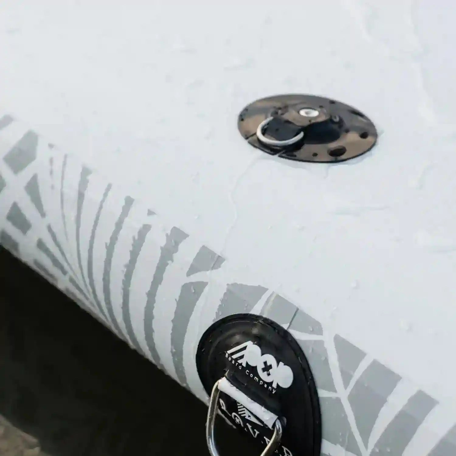 Close-up of POP YachtDock inflatable dock showing reinforced D-ring for anchoring and gear attachment.