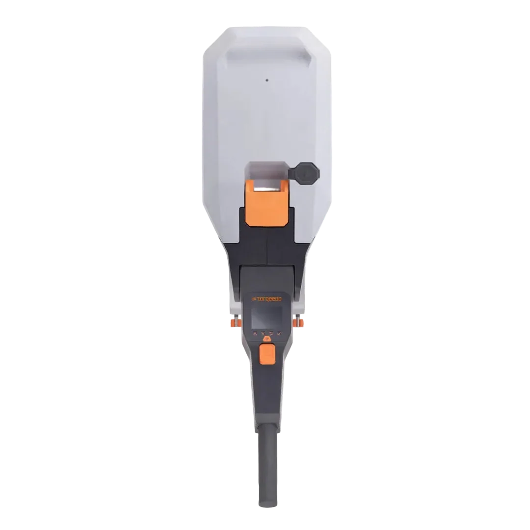 Torqeedo Travel S electric outboard motor head, top view showing the white battery housing with orange latch and the tiller handle with control display