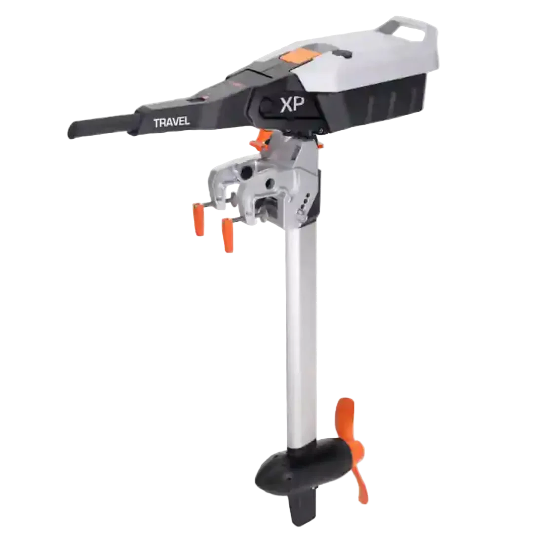 Torqeedo Travel XP electric outboard motor, full side view showing the battery head with XP branding and TRAVEL tiller handle, transom mount, long shaft and orange propeller