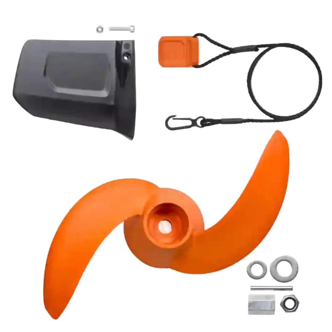 Orange propeller and black housing on a white background