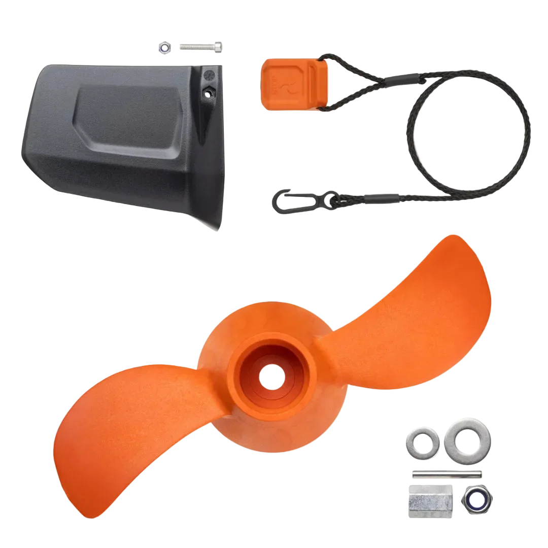 Torqeedo Travel S spare parts including the orange propeller, motor cover, kill-switch lanyard and mounting hardware