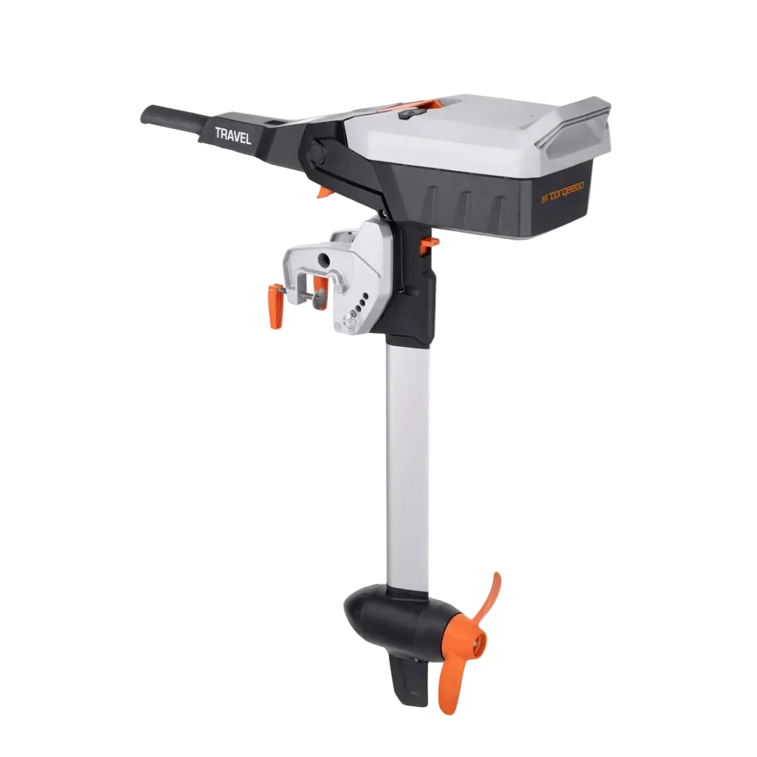 Torqeedo Travel S electric outboard motor, side view showing the battery head with tiller handle, transom mount bracket, long shaft and orange propeller