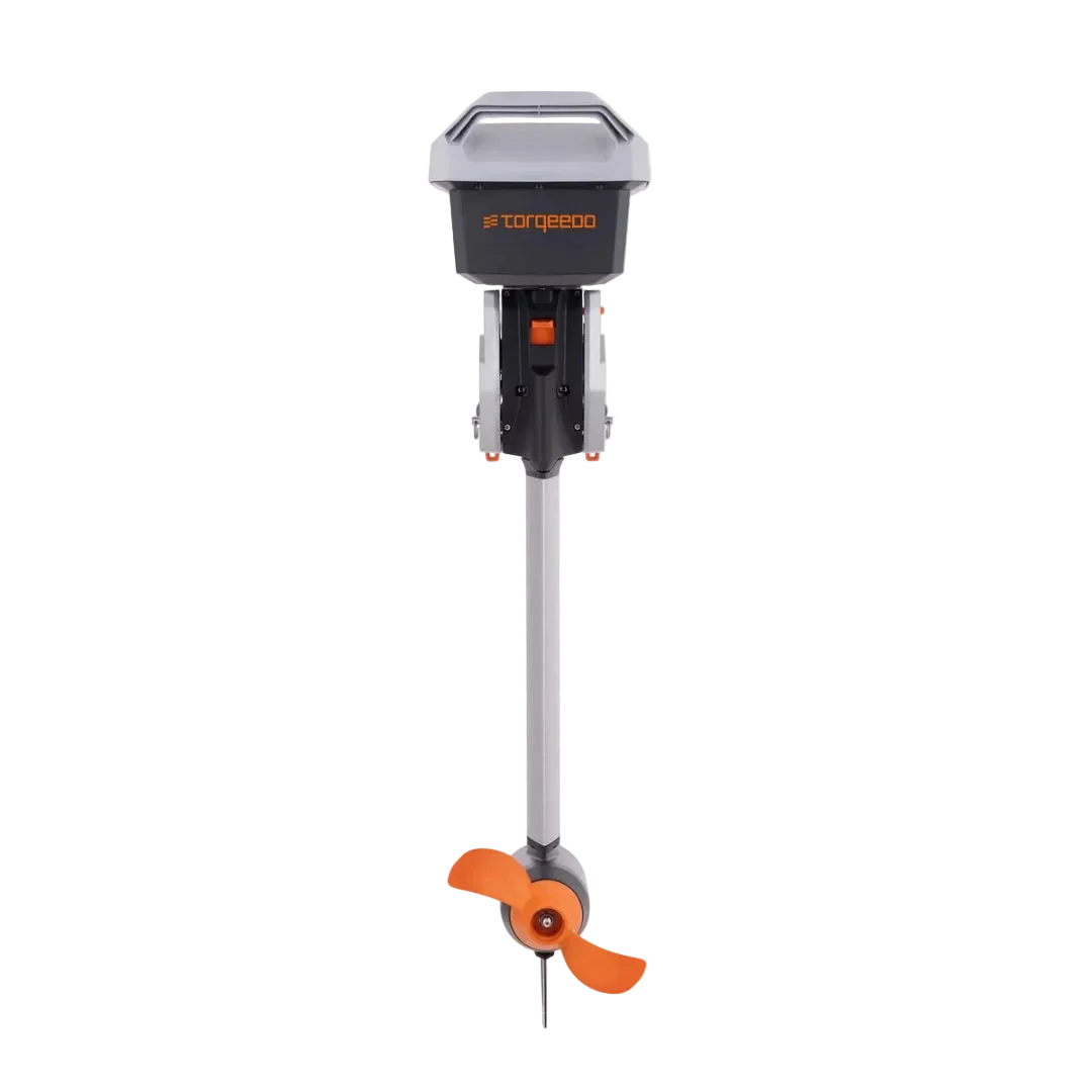 Torqeedo Travel S electric outboard motor, rear view showing the branded battery head, transom mount, long shaft and orange propeller