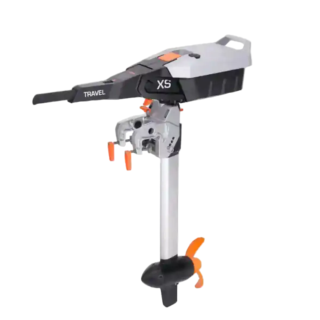 Torqeedo Travel XS electric outboard motor, full side view showing the battery head with tiller handle, transom mount, long shaft and orange propeller