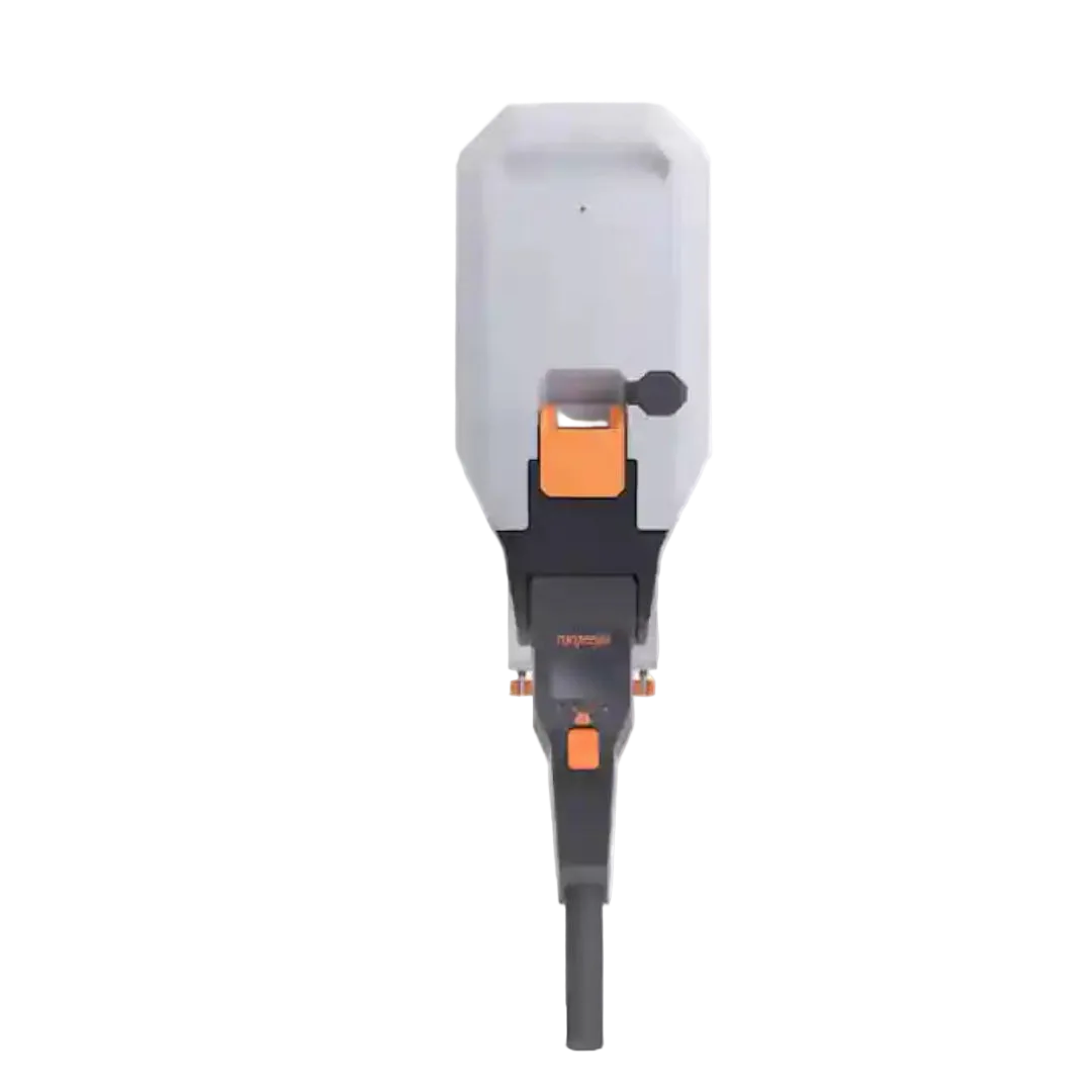 Torqeedo Travel XS electric outboard motor, rear view of the battery head and tiller handle with orange accents