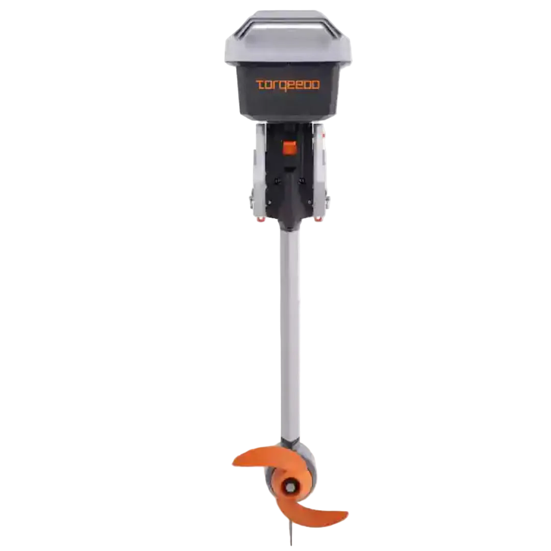 Torqeedo Travel XS electric outboard motor, front view showing the branded battery head, transom mount, shaft and orange propeller